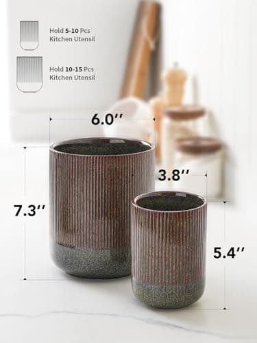 LE TAUCI Utensil Holder for Kitchen Counter, 7.3"+5.4" Fluted Ceramic Utensil Crock Organizer for Countertop, Heavy Large Holder for Spatulas, Spoons, Set of 2, Olive Brown Marble 5