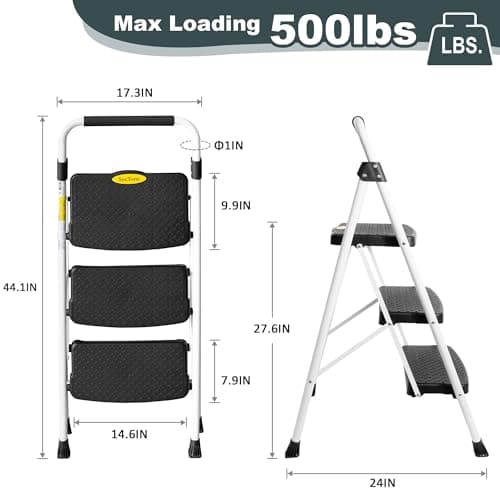 SocTone 3 Step Ladder, Folding Step Stool for Adults with Handle, Lightweight, Perfect for Kitchen& Household, 500lbs Capacity Sturdy Steel Ladder White 6