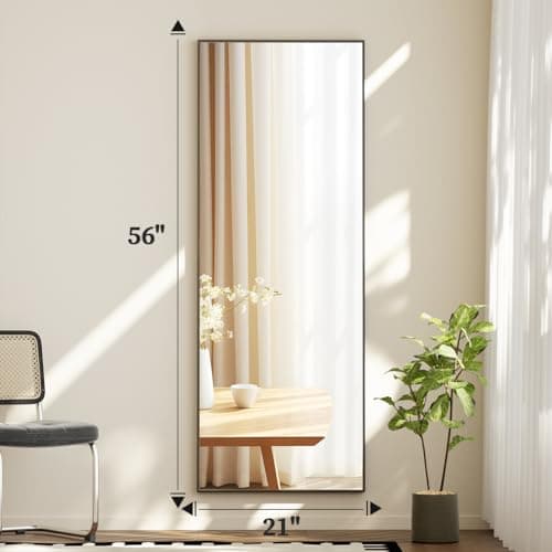 BEAUTYPEAK Full Length Mirror with Stand, 56"x21" Floor Mirror with Aluminum Alloy Thin Frame, ShatterVue Tempered Full Body Mirrors, Free Standing or Wall-Mounted Mirrors for Living Room, Black 6