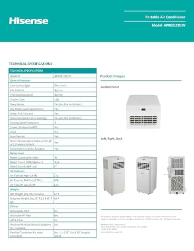 Hisense Portable Air Conditioner 6,000 BTU Cooling Dehumidifier Fan for Smaller Room up to 250 sq ft, Remote Control, White (Renewed) 6