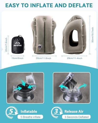 JefDiee Inflatable Travel Pillow, Airplane Neck Pillow Comfortably Supports Head and Chin for Airplanes, Trains, Cars Office Napping on The Tray Table (Grey) 5
