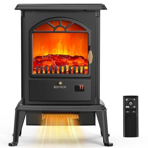 ROVSUN 22.4”H Electric Fireplace Stove w/Remote Control, 7 Realistic Flame Colors & 4 Brightness, Infrared Quartz Freestanding Heater Overheat & Tip-Over Protection, for Bedroom, ETL Certified, Black