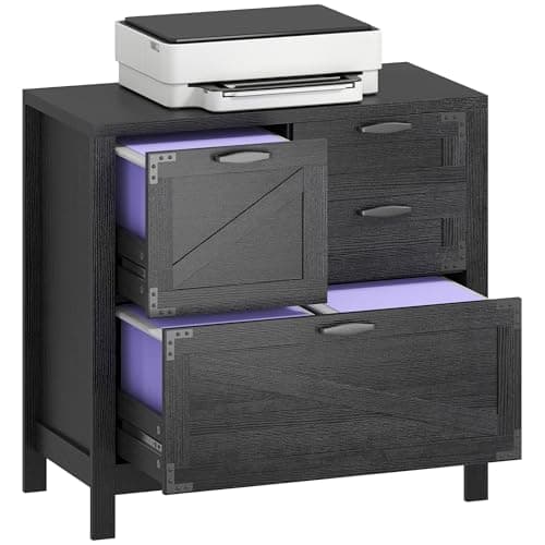 HOMCOM 4 Drawer File Cabinet, Farmhouse Lateral Filing Cabinet with Adjustable Hanging Rails for Letter/A4/Legal Size Files, Printer Stand for Home Office, Black
