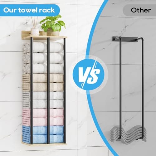 WeGXY Towel Racks for Bathroom Wall Mounted, 3 Bar Wall Towel Rack for Rolled Towels, Metal Towel Holder with Wooden Shelf, Sturdy and Large Capacity, Towel Storage Organizer 6