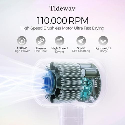 Tideway Hair Dryer Professional High-Speed Ionic Blow Dryer 110,000 RPM, Compact Hair Dryer with Magnetic Diffuser, Fast Drying with Brushless Motor Low Noise Smart Temperature Control-H11 2