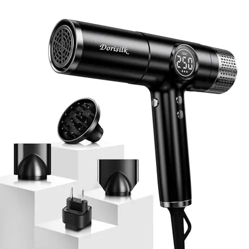 DORISILK Dual Voltage Hair Dryer for International Travel，1875W Professional Hair Dryer 160000 RPM Brushless Motor for Fast Drying Low Noise ，Ionic Blow Dryer with Hair Diffuser for Curly Hair，