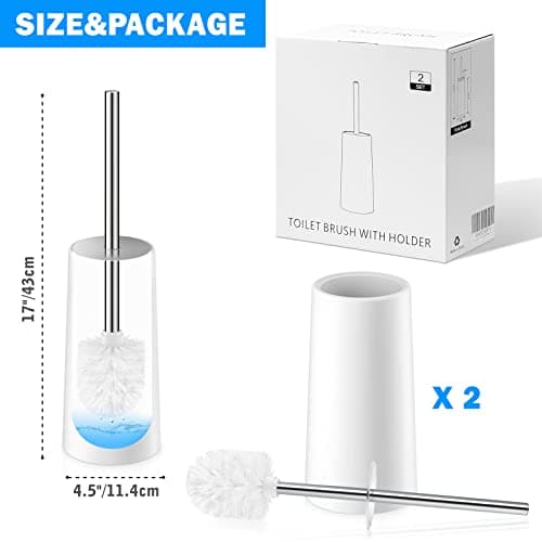 Toilet Brush and Holder, 2 Pack Toilet Brush with 304 Stainless Steel Long Handle, Toilet Bowl Brush for Bathroom Toilet-Ergonomic, Elegant,Durable (White) 7