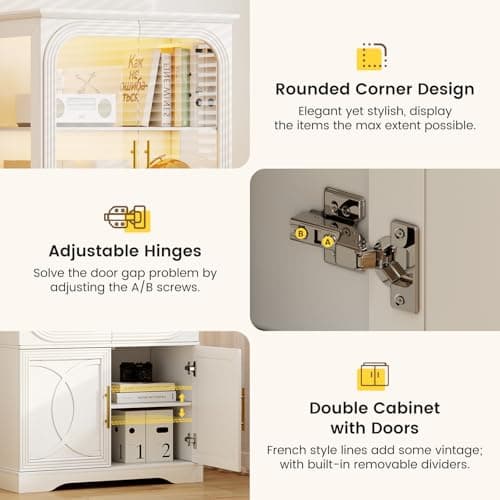 Lareth Display Cabinet with Glass Doors, 69 in Tall Bookcase with LED Lights, Glass Display Case Kitchen Pantry Cabinet, 5 Tier Curio Storage Cabinet for Living Room, Home Office, White 6