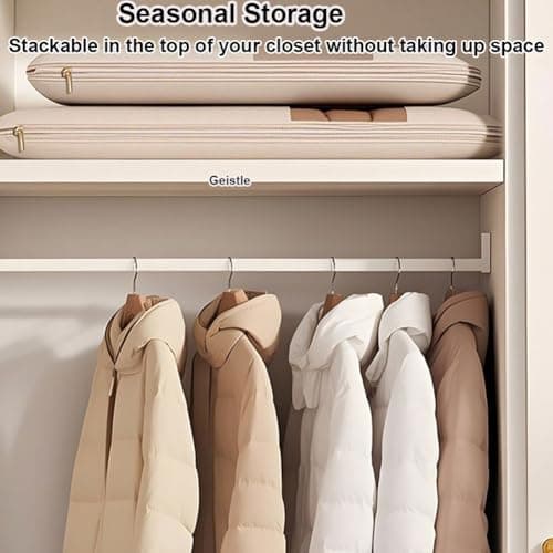 Space Saving Hanging Garment Bag with Self Compression Zipper,Space Saver Closet Organizers,Dust Cover Clothes Bags for Down Coat (Beige, Large) 6