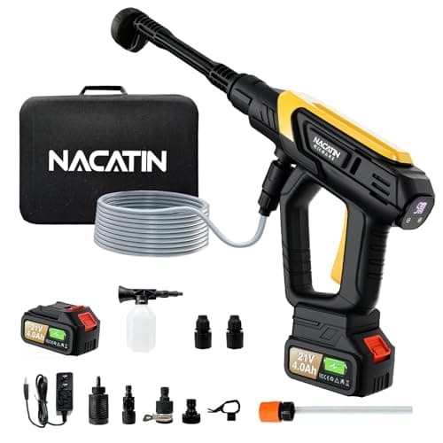 1000PSI Cordless Pressure Washer, 21V 4.0Ah Battery-Powered Brushless Motor Power Washer with 6-in-1 Nozzle, 9 Gear Pressure, Tap Adapter for Car Washing, Patio, Fence, Driveway, Outdoor Cleaning