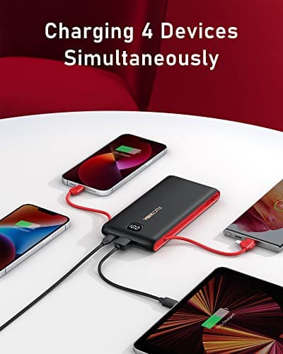 VEEKTOMX Portable Charger with Built in Cables 10000mAh, Power Bank for iPhone with AC Wall Plug, Fast Charging USB C Slim Battery Pack with LED Display Compatible with iPhone 17/16/15/14, Samsung 5