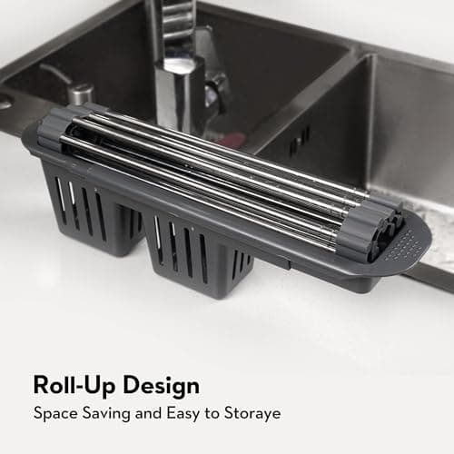 Dolreiik Roll Up Dish Drying Rack Over The Sink, 304 Stainless Stee Dish Drainer, Foldable & Adjustable Sink Drying Rack for Kitchen Sink Counter with Utensil Holder (Gray, Expandable) 6