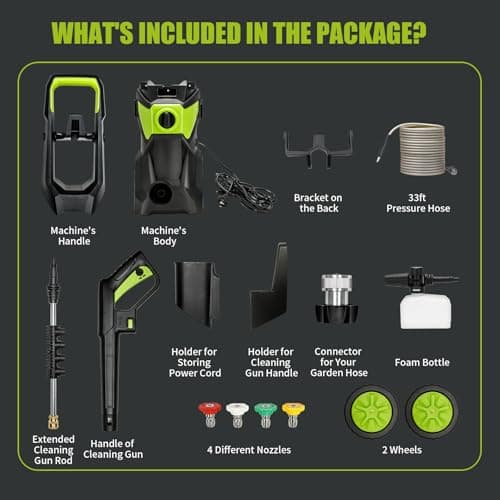 Electric Pressure Washer - 3000PSI Electric Power Washer with 33FT Pressure Hose, 33FT Power Cord, 4 Nozzles,450ML Foam Bottle, High Pressure Washer for Cars, Fences, Patios, Driveways 8