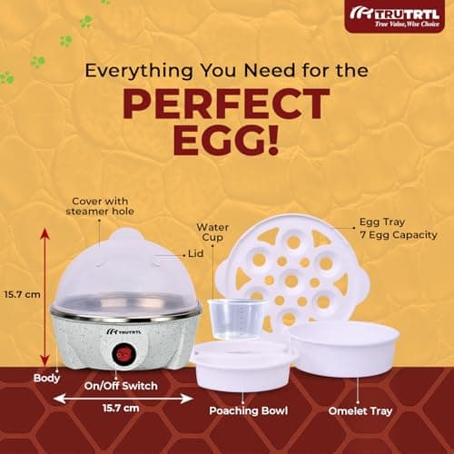 truTRTL Electric Egg Cooker | Boils upto 7 eggs | Poacher | Omelet maker | Vegetable steamer, dumpling & More | Marble 7