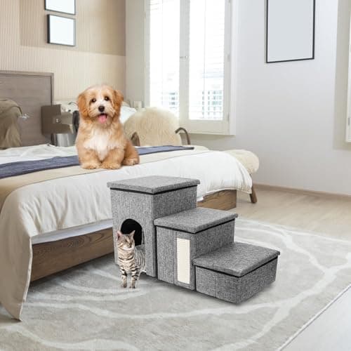 YIMITEE Dog Stairs for Small Dogs, 3 Tiers Dog Step with Storage, Foldable Older Cat Ramp with Condo Cat Scratcher, Portable Pet Ladder for High Bed Couch Chair Car, Up to 165 Lbs, 17 Inch 7