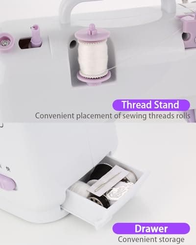 Sewing Machine for Beginners,Portable Sewing Machine with 12 Built-in Stitches,2 Speed(High-Low Speeds),2 Power Supply Method,20 Pcs Fabric and 32 Pcs Sewing Threads Kit,- (White and Purple) 6