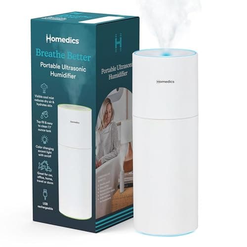 Homedics Portable Humidifier - Small Air Humidifiers for Bedroom, Plants, Office, Travel - Cool Mist Humidifiers, Color-Changing Accent Light, 2 Mist Settings, White