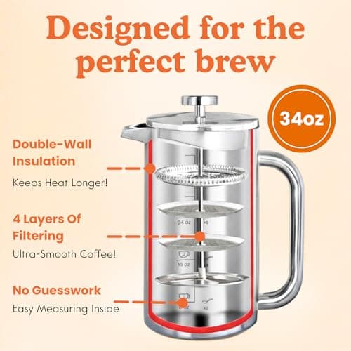 Ziruma Non-Toxic French Press, Surgical Stainless Steel Coffee Press, Plastic-Free, Heavy Metal-Free, No Endocrine Disruptors, 34 Oz, Double Wall, 4-Layer Filter, Portable Coffee Maker 5