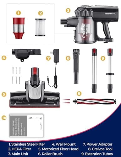 Roomie Tec StickVac Cordless Vacuum Cleaner for Home – 2200mAh Battery, High Suction Power, Lightweight & Self-Standing Design, with HEPA Filter and LED Lights - for Floors, Cars & Dorm Cleaning 7