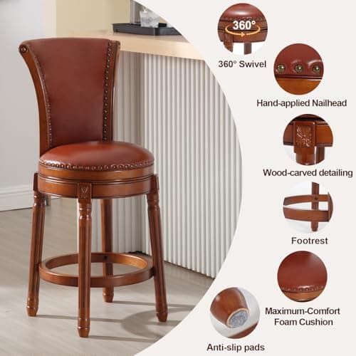RAINMOOD High Back Swivel Bar Stool,Solid Wood Barstool with Full-Grain Genuine Leather, Barchair Counter Height Stool for Kitchen Island & Pub 5