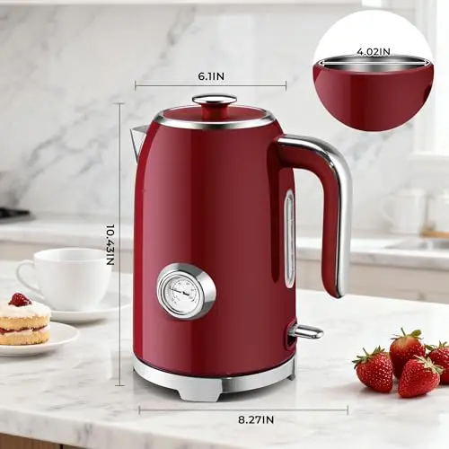 SUSTEAS Electric Kettle - 57oz Hot Tea Water Boiler with Thermometer, 1500W Fast Heating Stainless Steel Pot, Cordless LED Indicator, Auto Shut-Off & Boil Dry Protection, Red 6