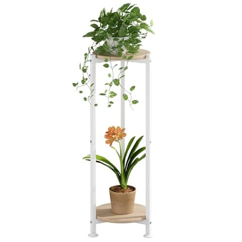 YIZAIJIA Plant Stand Indoor Corner Tall 2 Tier Metal Modern Flower Storage Plant Shelf Holder for Living Room Balcony Garden,White (2 Tier-White Round)