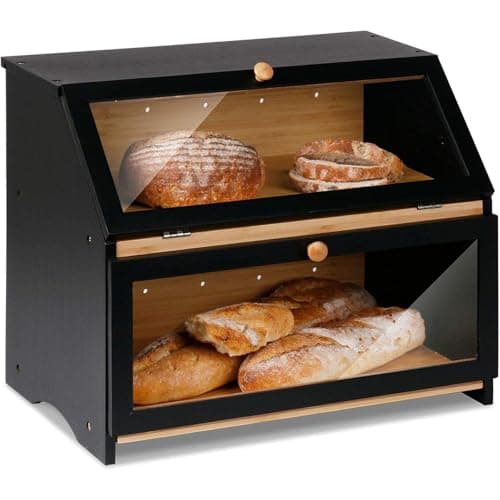 HOMEKOKO Double Layer Large Bread Box for Kitchen Counter, Wooden Large Capacity Bread Storage Bin (Black)