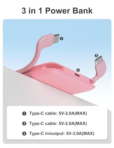 miisso 10000mAh Compatible with iPhone 15/16/17 and Android, Slim Portable Charger with Built in Cable, Power Bank Travel Charger External Battery Pack for Phone, 3 Output USB Type C Cord, Pink 7