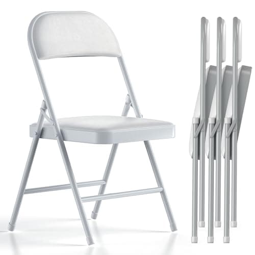Nazhura 4 Pack Folding Chairs with Padded Cushion and Back, Khaki Metal Chairs with Comfortable Cushion and Durable Steel Frame for Home and Office, for Indoor and Outdoor Events (White, 4 Pack)