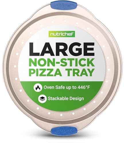 NutriChef 13-Inch Non-Stick Pizza Tray - with Silicone Handle, Round Steel Non-stick Pan with Perforated Holes, Premium Bakeware, Pizza Tray with Extended Handles, Dishwasher Safe - Champagne Gold