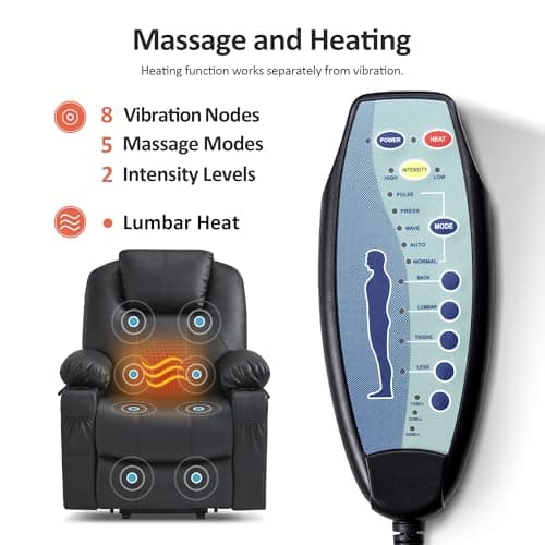 MCombo Power Lift Recliner Chair for Elderly, Lift Chair with Heat and Massage, FSC Certified, USB Ports, Cup Holders, Faux Leather 7040 (Black, Medium) 9