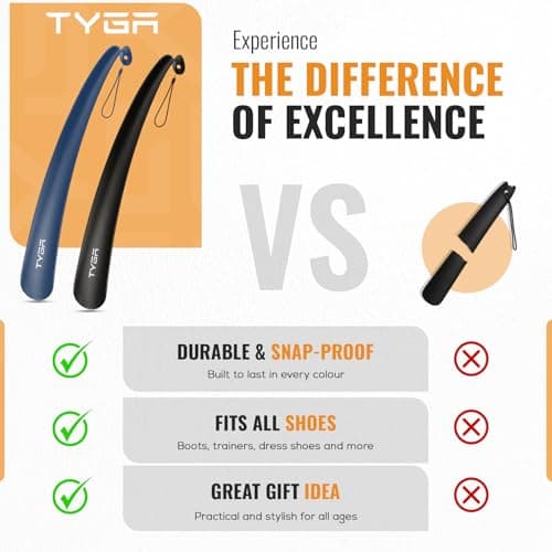 TYGA Shoe Horn Long Handled 17in 43cm Long Plastic Shoehorn for Men, Women, Senior Comfort Grip Shoe Horn Flexible Snap-Proof (1, Black) 7