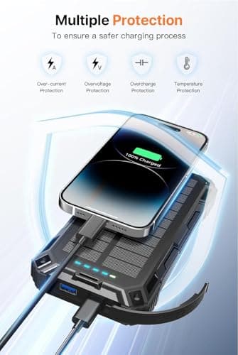 jskei Power Bank 49800mAh Solar Portable Charger Wireless Charging USB-C 15W Fast Charging with 4 Built-in Cables LED Flashlight Battery Pack Compatible with iPhone, iPad, Perfect for Camping,Hiking 8