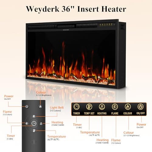Weyderk 62" Freestanding Electric Fireplace Mantel - Replaceable 36" Heater Insert, 1500W Realistic 3D Flame Effect & 15 LED Colors, Remote Control & Timer, Gary Marble Finish (Living Room/Bedroom) 8