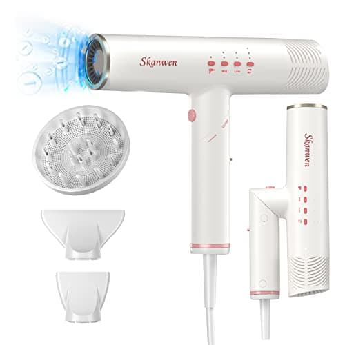 SKANWEN Hair Dryer, Professional Ionic Blow Dryer with 110,000 RPM Brushless Motor for Fast Drying, Foldable Body Design,4 Temps & 3 Speeds,NO Heat Damage Quiet for Home Travel (White)