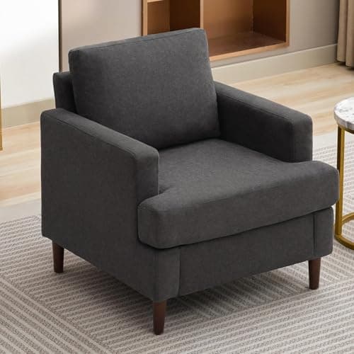 Weture Mid-Century Accent Chair,Modern Linen Fabric Armchair for Living Room,Comfy Upholstered Reading Accent Chairs for Bedroom,Single Sofa Chair with Wood Legs (Dark Grey, 1 Pack) 6