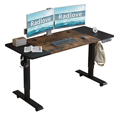 Radlove Electric Height Adjustable Standing Desk, 55 x 24 Inches Sit Stand up Workstation, Splice Board Memory Computer Table Ergonomic (Black Frame + 55" Black+Brown Top)