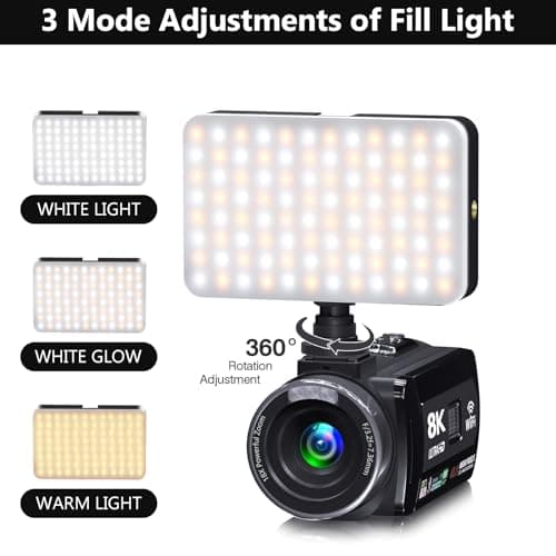 Video Camera, 8K Camcorder 48MP 15FPS UHD WiFi Vlogging Camera with IR Night Vision for YouTube, 3" Touch Screen 18X Digital Zoom, with Fill Light, Mic, Stabilizer, Lens Hood, Remote and 2 Batteries 6