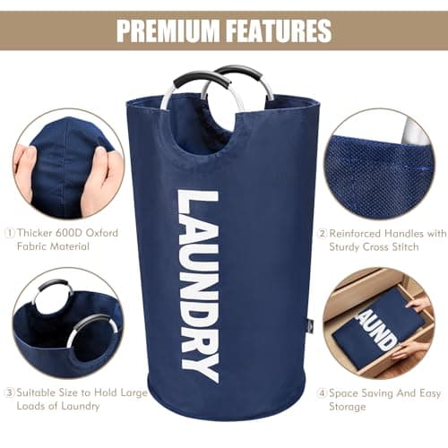 DOKEHOM 90L Large Laundry Basket, Collapsible Laundry Bag, Freestanding Tall Clothes Hamper, Foldable Washing Bin (Dark Blue) 7
