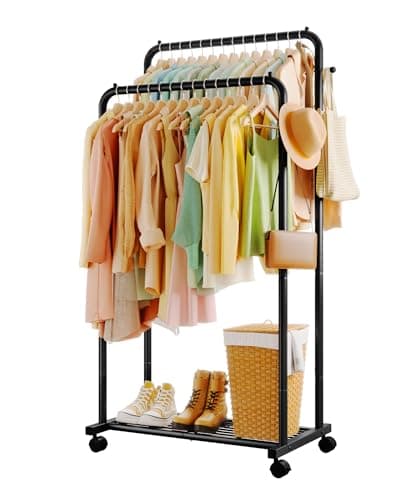 Sakugi Clothes Rack - Double Rods Clothing Rack with Mesh Shelf, Hooks & Wheels, Metal Clothing Racks for Hanging Clothes & Bags, Multifunctional Garment Rack for Laundry, Black, 28.7" x 16.5" x 59.1"
