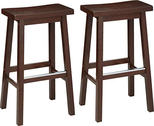 Amazon Basics Solid Wood Saddle-Seat Counter Height Bar Stools for Kitchen Island and Home Bar with Footrest, 29-Inch Height, Walnut, Set of 2