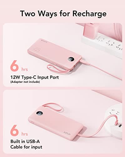 VRURC Portable Charger Power Bank, 10000mAh Travel Essentials Battery Pack, Compact Charging Bank Built-in Cables Cords Compatible with iPhone 17 Pro 17 16 15 14 13, Samsung Phones-Pink(1 Pack) 6
