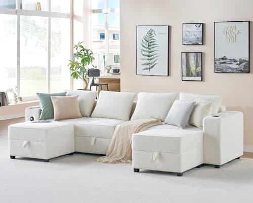 VanAcc 114 Inch Sectional Sofa, 6 Seats Modular With Storage, Oversized U Shaped With 2 Charging Sockets & Cup Holders, Ottomans, 6 Pieces Set Boucle Beige