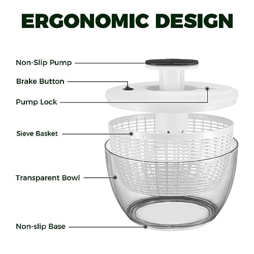 Kitexpert Effective Large Salad Spinner 6.3 Qt,Easy to use pro Pump Spinner with Bowl, One-Handed Pump Dishwasher Safe Multiple Use Spinner-Black 9