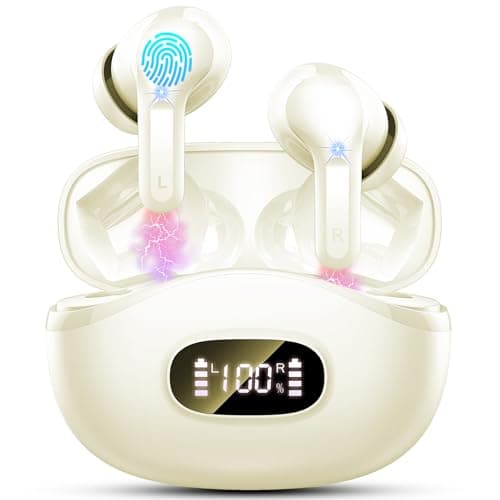 Wireless Earbuds, Bluetooth Headphones 5.4 HiFi Stereo, Ear Buds with 4 ENC Noise Cancelling Mics, 48H Bluetooth Earbuds with Dual LED Display, IP7 Waterproof in Ear Earphones for Android iOS, Beige