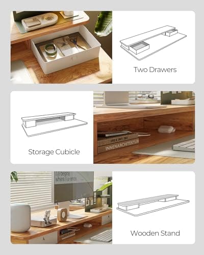 FEZIBO 48'' x 24'' Standing Desk with Double Drawers, Adjustable Desk, Home Office Stand Up Table with 4 Height-Adjustable Feets & 2 Hooks, Light Rustic 8