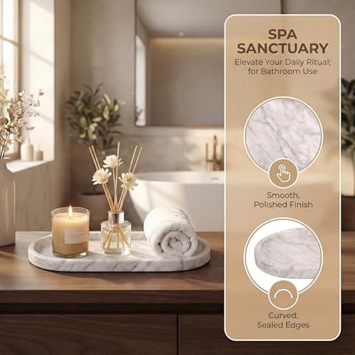 YKAJO 11.6" x 5.9" Oval Real Marble Tray for Bathroom & Kitchen Counter — 100% Natural Stone Decorative Vanity Tray for Dresser & Perfume — Heavy Catchall Organizer for Soap & Jewelry, White Gray 7