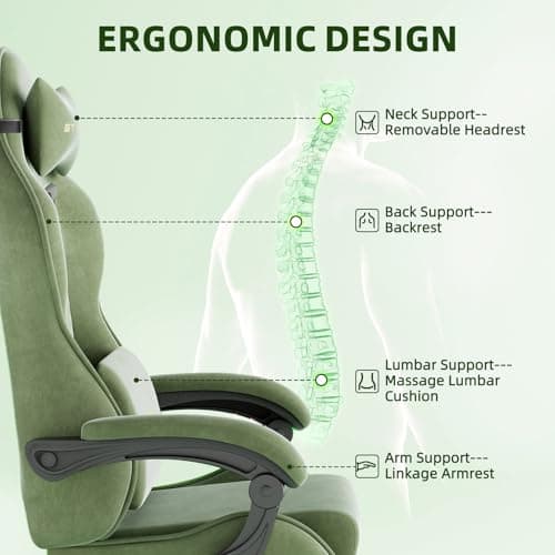 Ferghana Velvet Fabric Gaming Chair, High Back Ergonomic Gamer Chair for Adult, Comfortable Video Game Chair with Footrest and Massage Lumbar Cushion, Racing Reclining Office Computer Desk Chair Green 7