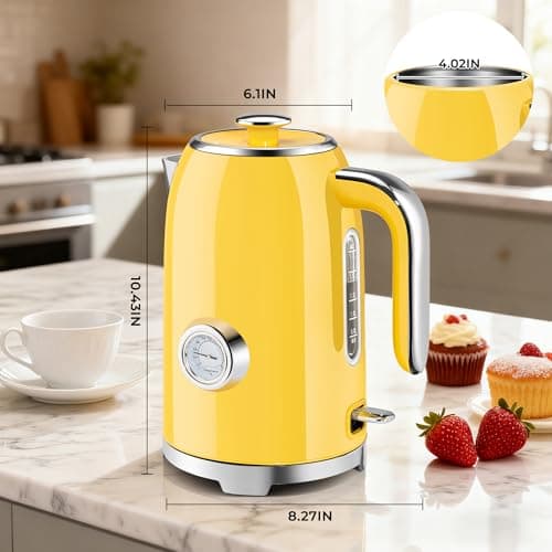 SUSTEAS Electric Kettle - 57oz Hot Tea Kettle Water Boiler with Thermometer, 1500W Fast Heating Stainless Steel Tea Pot, Cordless with LED Indicator, Auto Shut-Off & Boil Dry Protection, Retro Yellow 6