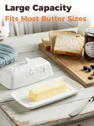 YHOJOY Butter Dish with Lid for Countertop, Ceramic Butter Dish with Knob Handle, Large Butter Holder Container for East West Coast Butter Storage, Cherry 5